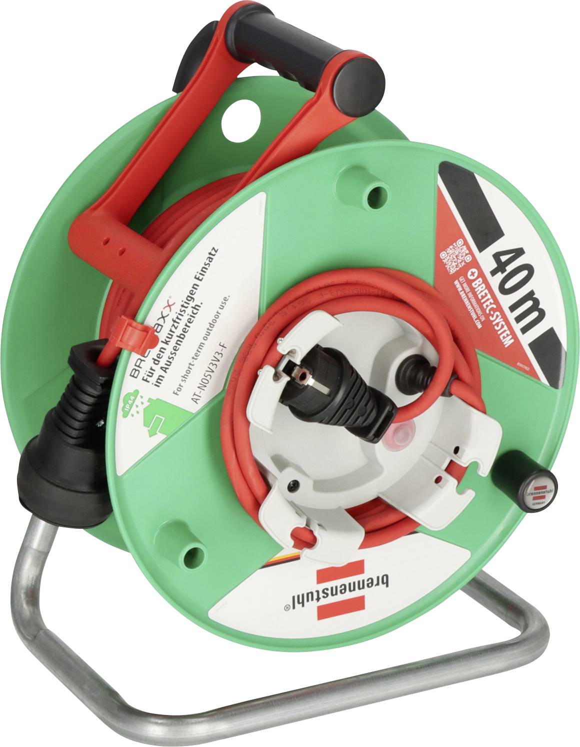 Green cable reel with red handle, coiled red extension cord, two power outlets, and a 40 m label on a metal stand.
