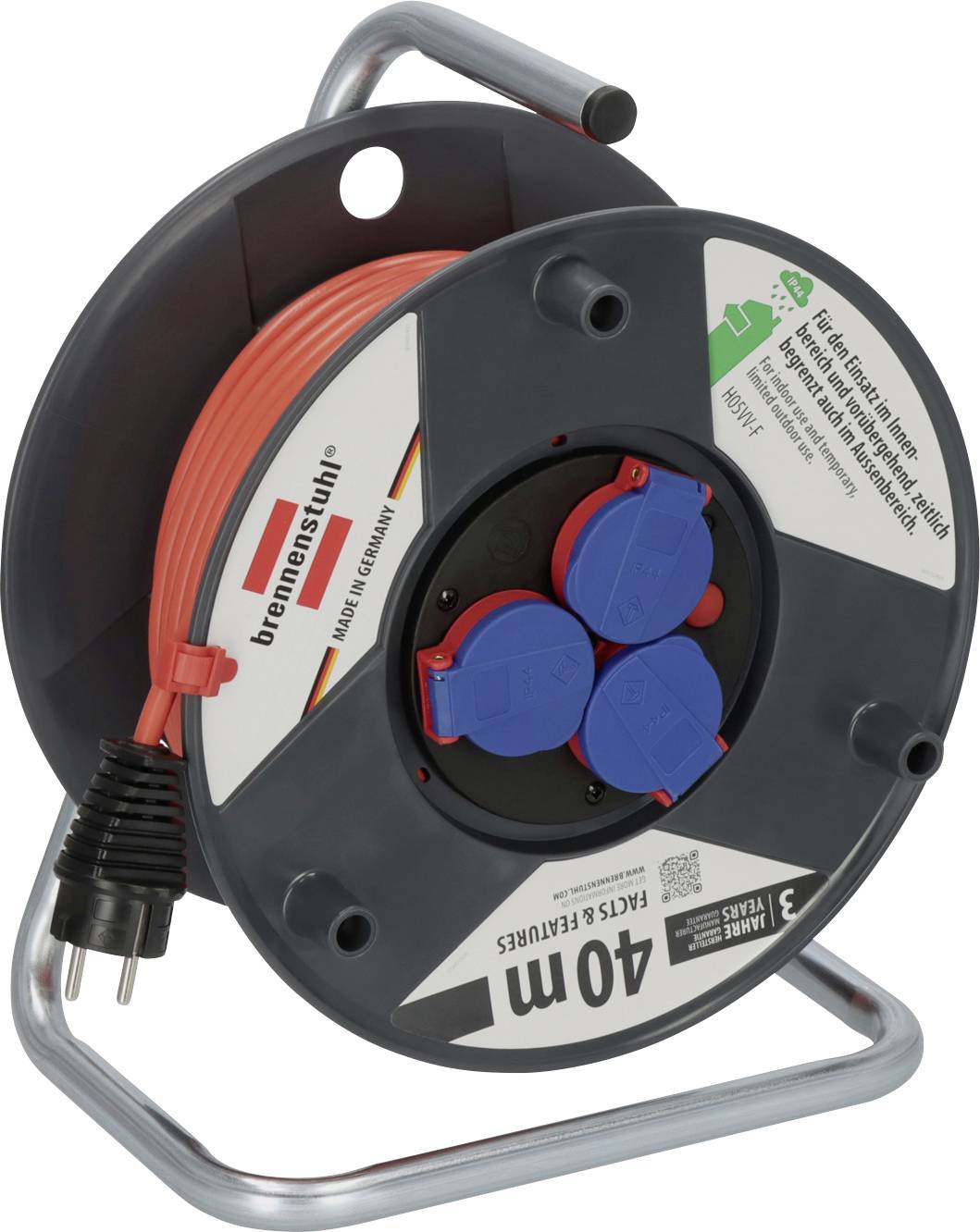 Portable cable reel with orange extension cord, three blue socket covers, and metal handle on a black drum.