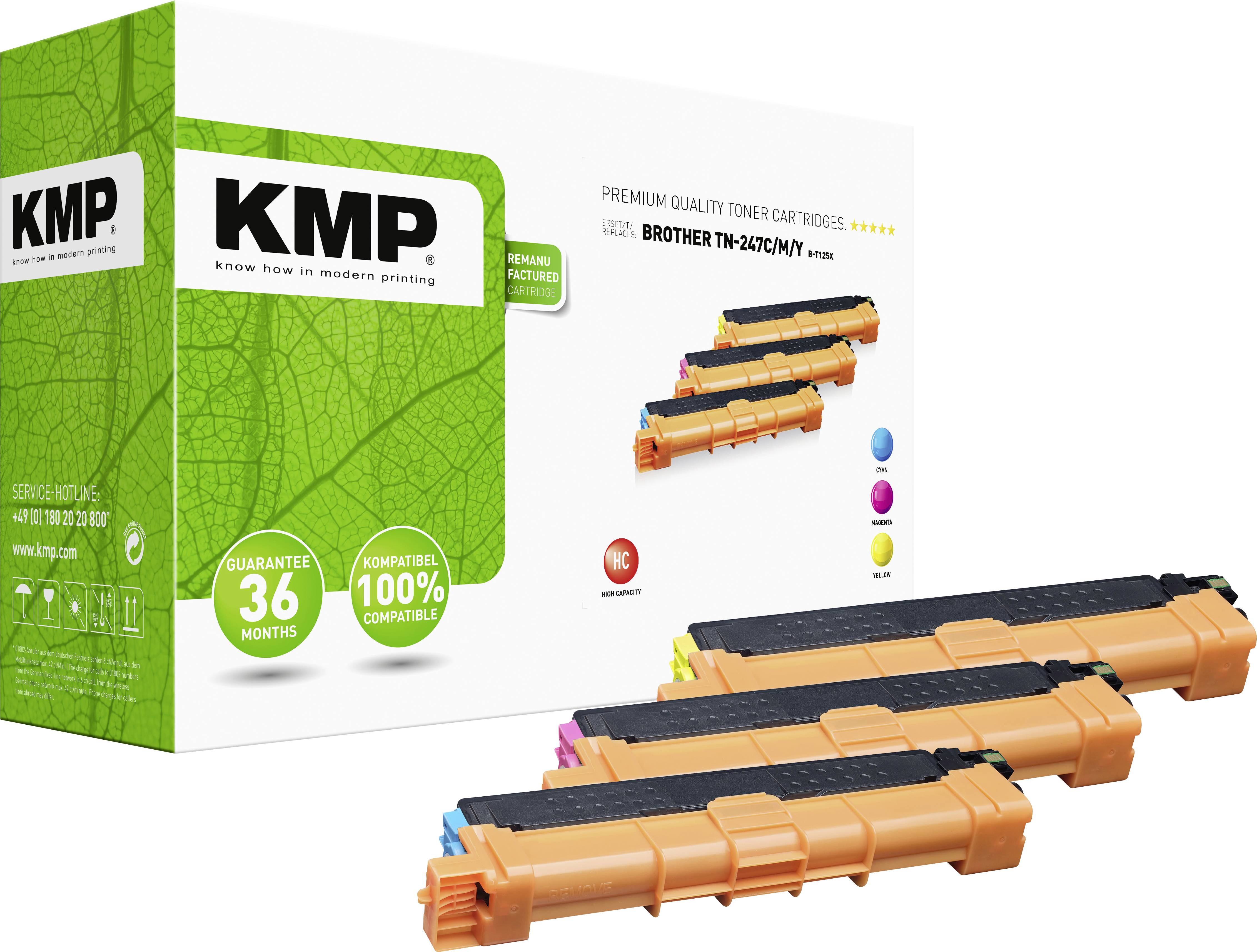 Four toner cartridges in Cyan, Magenta, Yellow and Black positioned in front of a green 'KMP' packaging. Manufacturer information and warranty details displayed on the packaging.