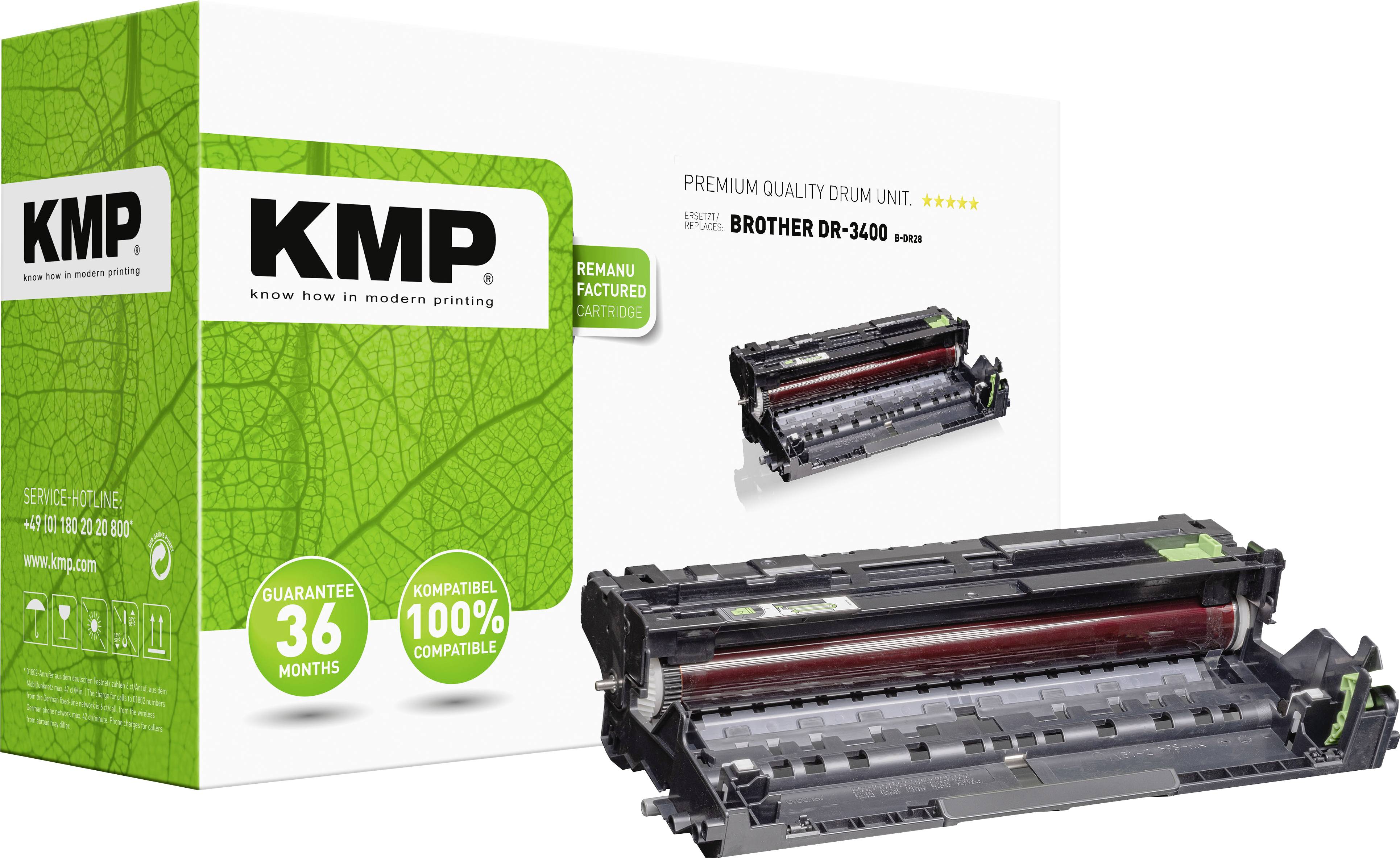 KMP drum unit box for Brother DR-3400 printer, in a green and white package, highlighting guarantee and compatibility.