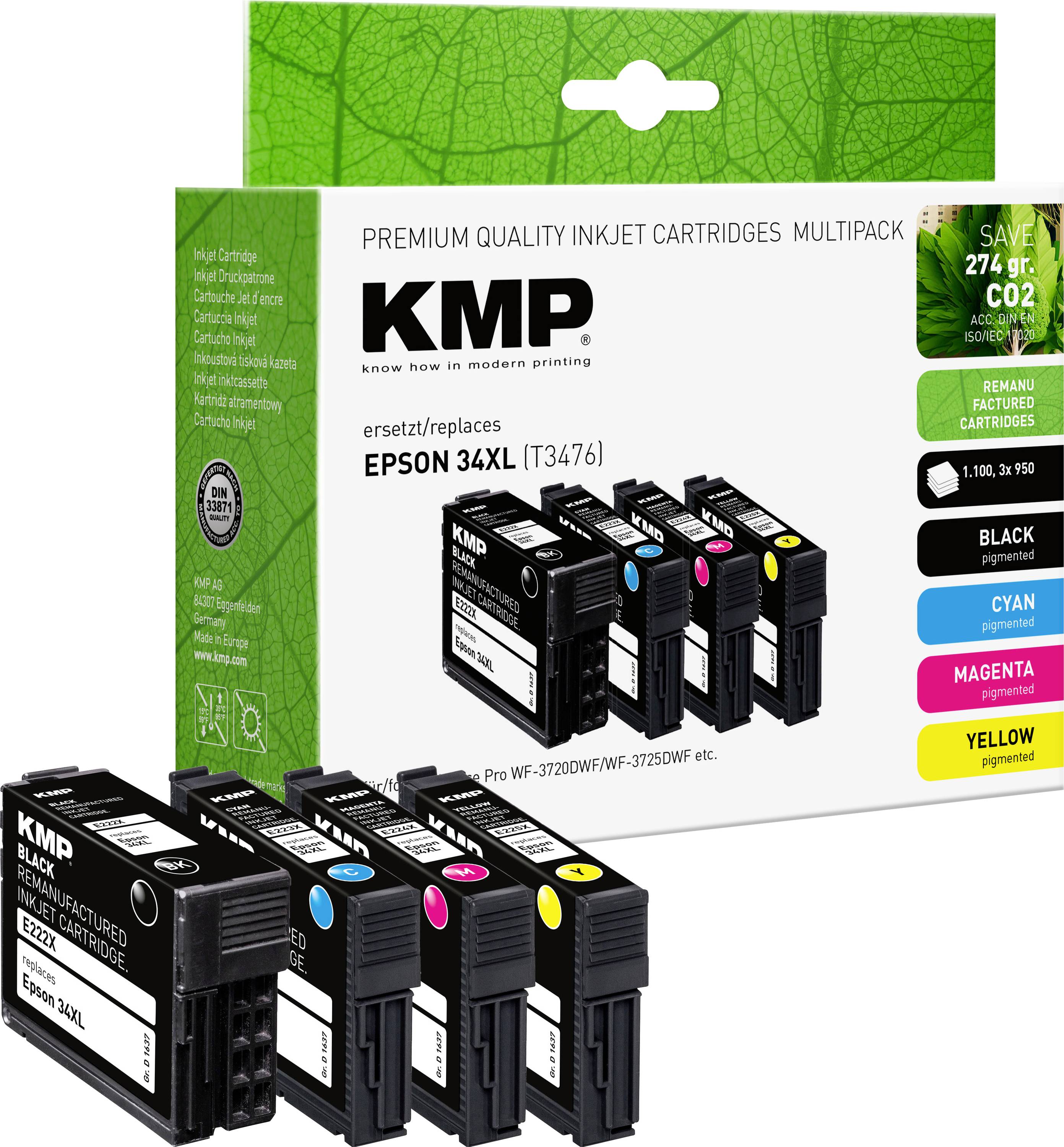 'KMP Premium Quality Inkjet Cartridges Multipack' for Epson 34XL, includes black, cyan, magenta, yellow cartridges. Eco-friendly packaging.