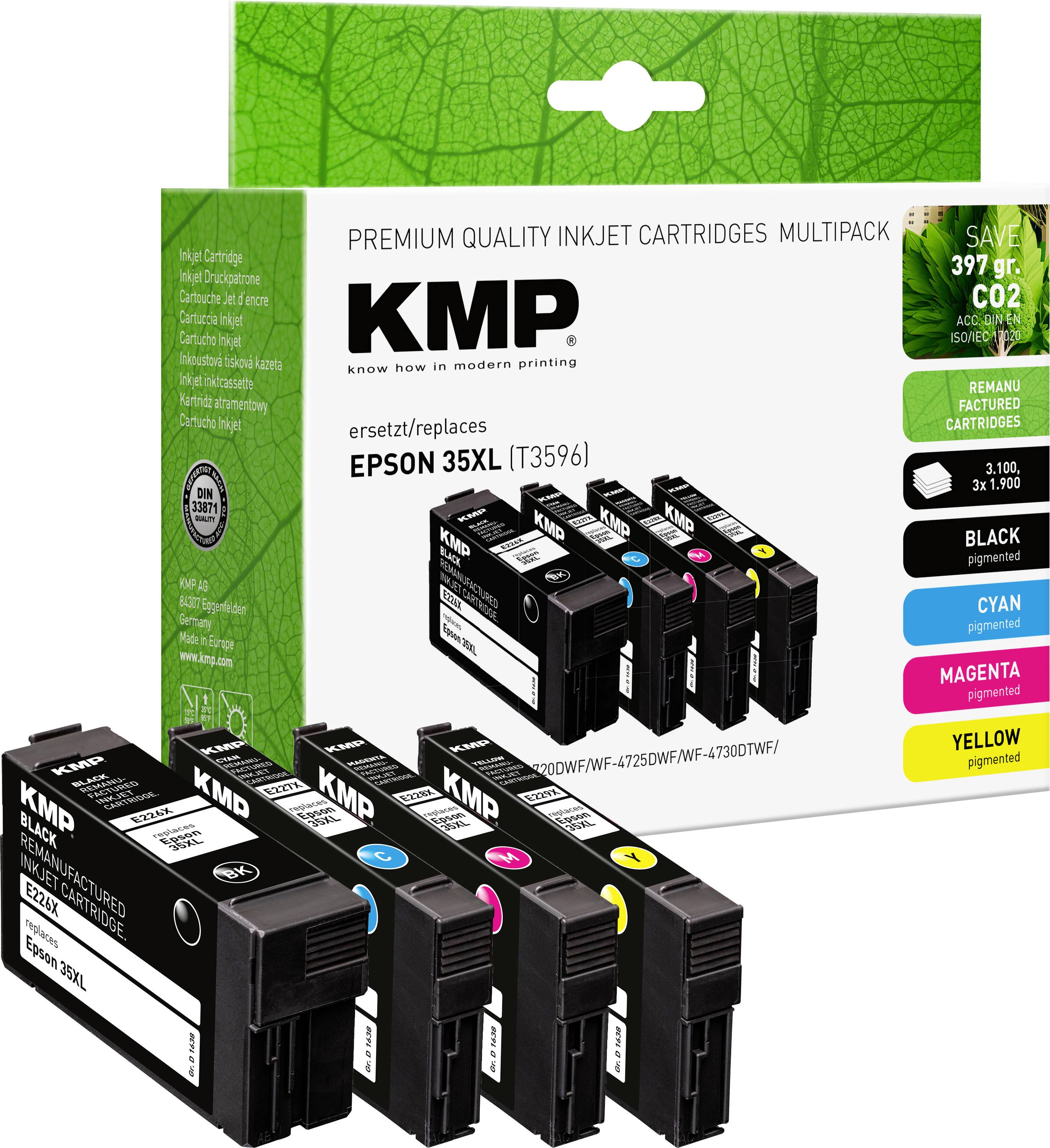'Epson 35XL' ink cartridge multipack by KMP for Epson printers, includes cyan, magenta, yellow, and two black cartridges. Eco-friendly packaging.