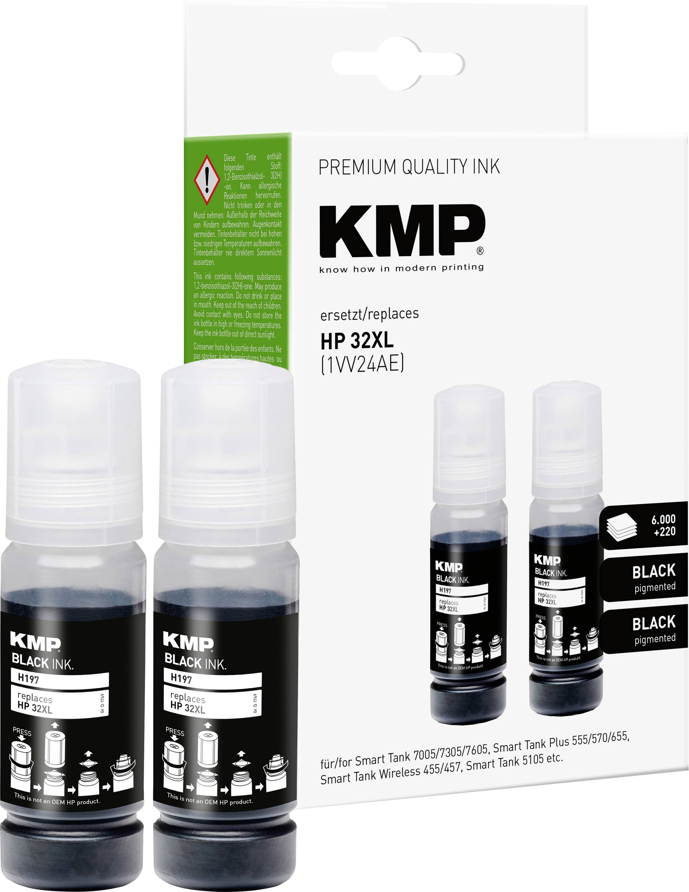 Two bottles of KMP black ink for HP 32XL printers, shown with packaging that includes product details and compatibility information.