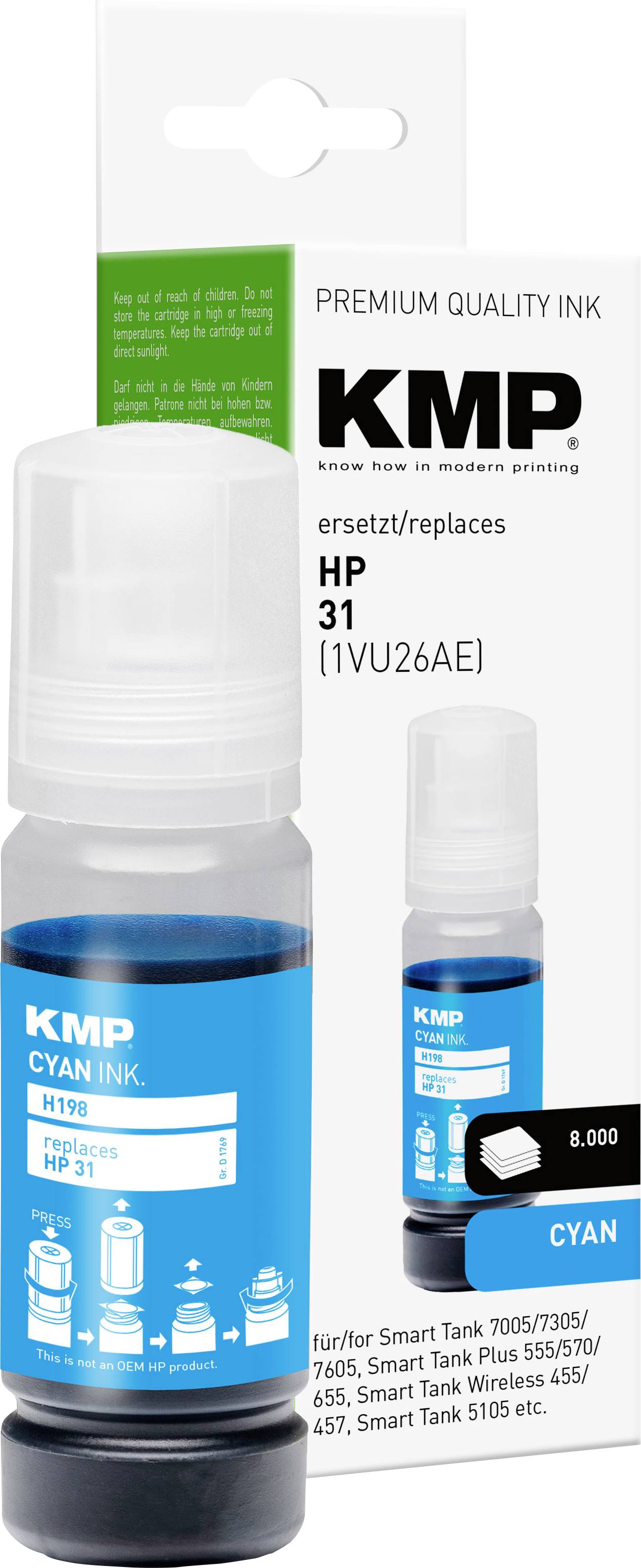KMP cyan ink bottle for HP 31, compatible with Smart Tank printers. Packaging shows ink capacity of 8,000 pages.