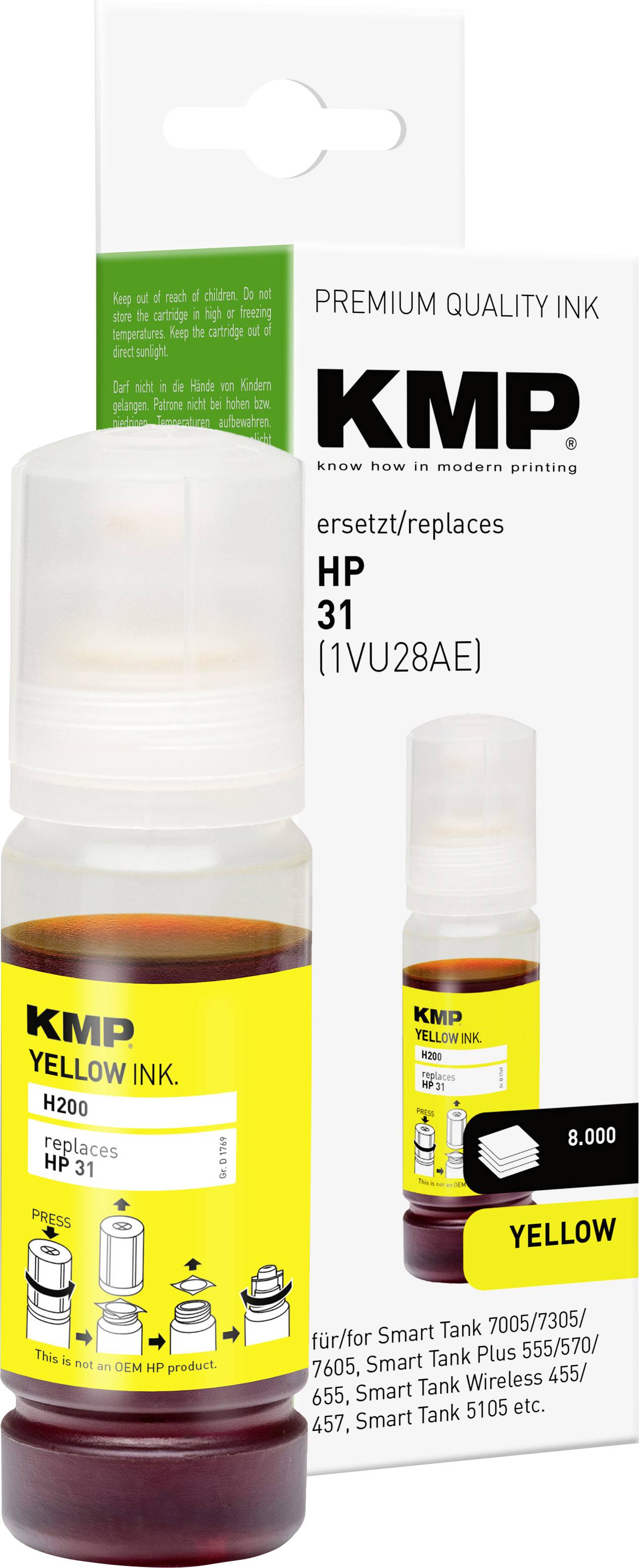 Yellow ink cartridge for HP 31 printers by KMP. Includes 8,000-page yield. Compatible with multiple HP Smart Tank models.