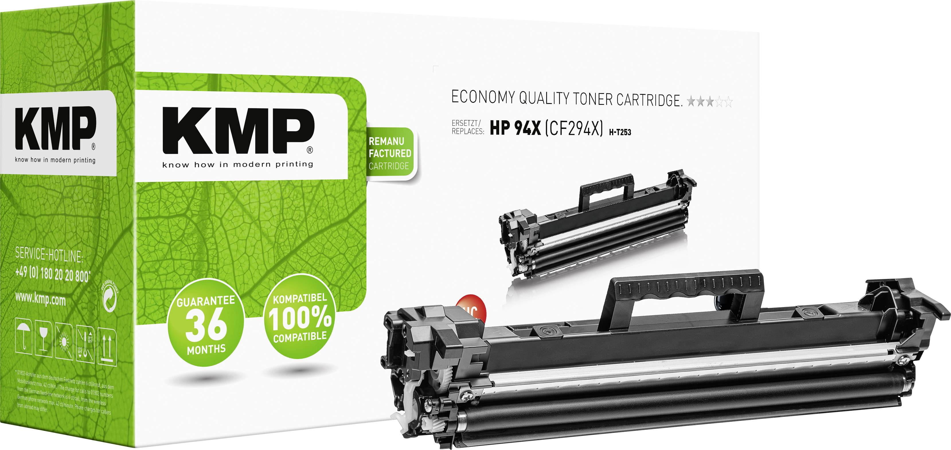 KMP toner cartridge in a white package. Label reads: 'HP 94X (CF294X)'. 36 months warranty, 100% compatible.
