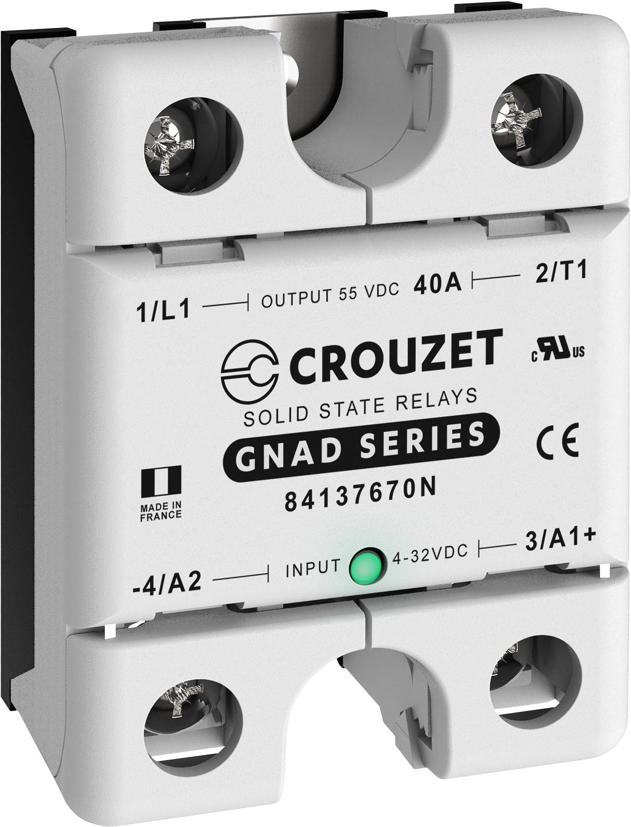 Crouzet solid-state relays from the GNAD series, model number 84137670N, support 55 VDC output and 4-32 VDC input.