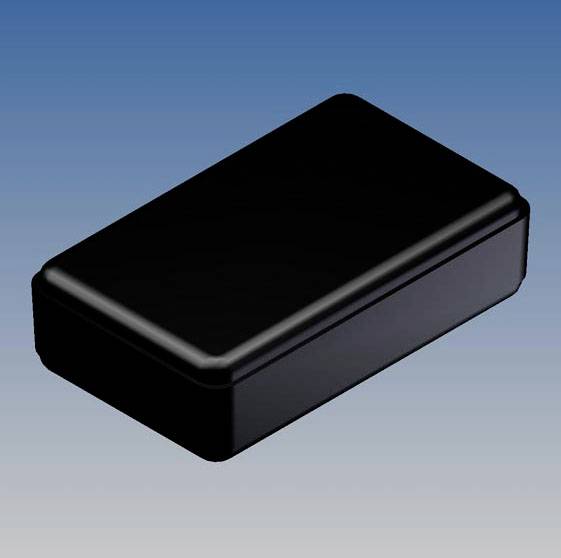 A black, rectangular plastic enclosure on a blue and white background.