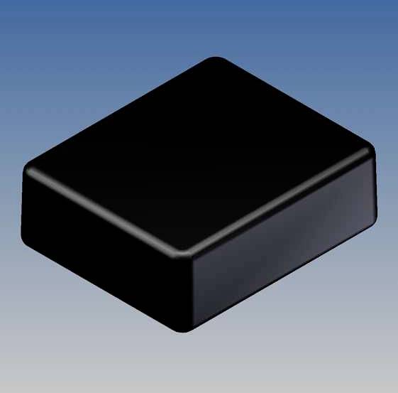 A black, rectangular, flat object with rounded edges against a blue-white, gradient background.