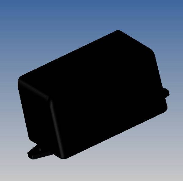 Black rectangular object in front of a blue background, with rounded edges and small, protruding elements on the sides.