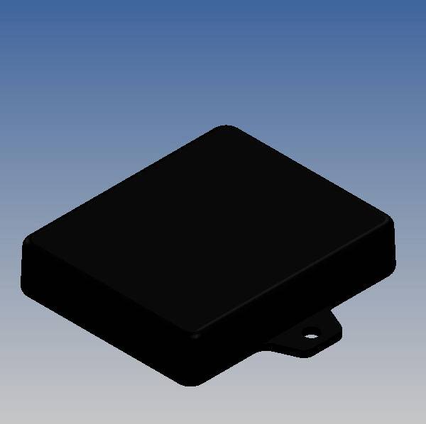 A black, rectangular object with rounded corners against a blue-grey background. Potential sensor or housing.