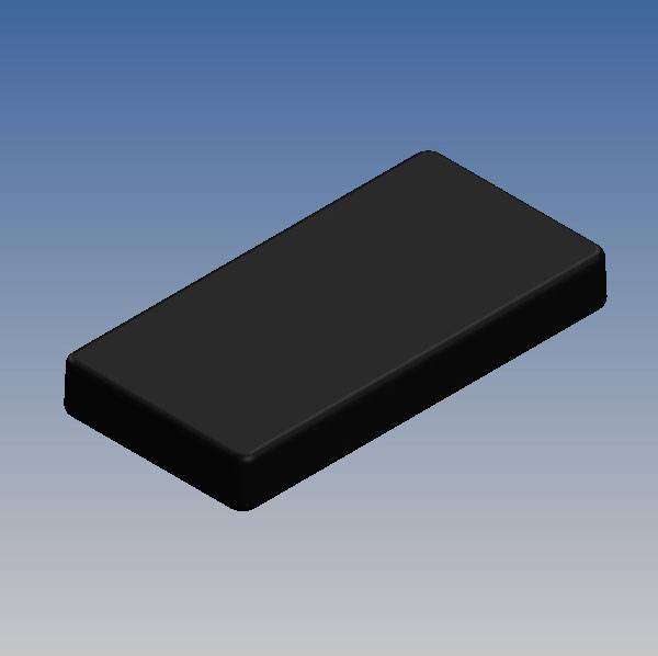A rectangular, flat black object with rounded corners against a blue background.