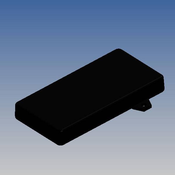A black, rectangular object in front of a blue and white background. It resembles a flat casing or an electronic component.