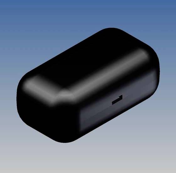 Black, rectangular object with rounded corners on a blue background, resembling a charging case, showing a small slot in the centre.