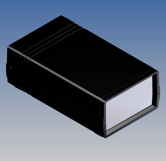 Black rectangular plastic enclosure against a blue background, suitable for electronic devices.