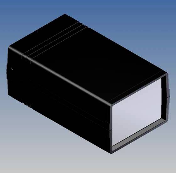 Black, rectangular housing with a smooth surface, against a blue background.