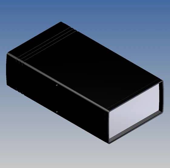 A black rectangular enclosure with a white front panel against a blue background.