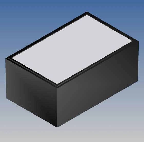 A black, rectangular container with a grey lid against a blue background.