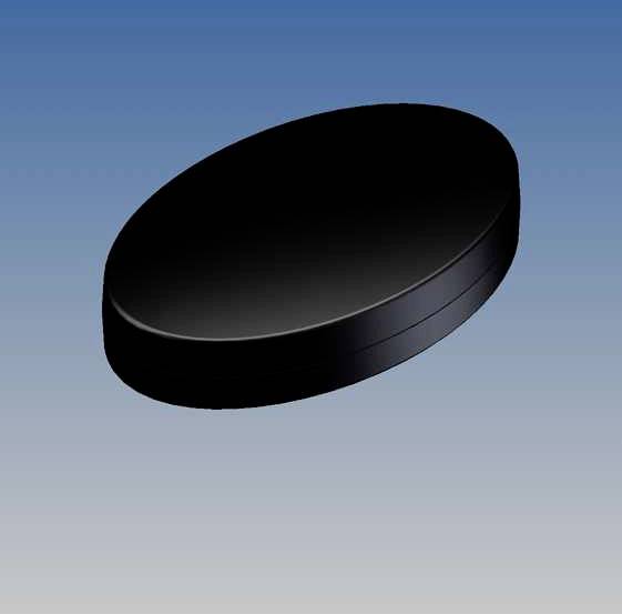 A black, oval 3D shape against a blue-grey background.