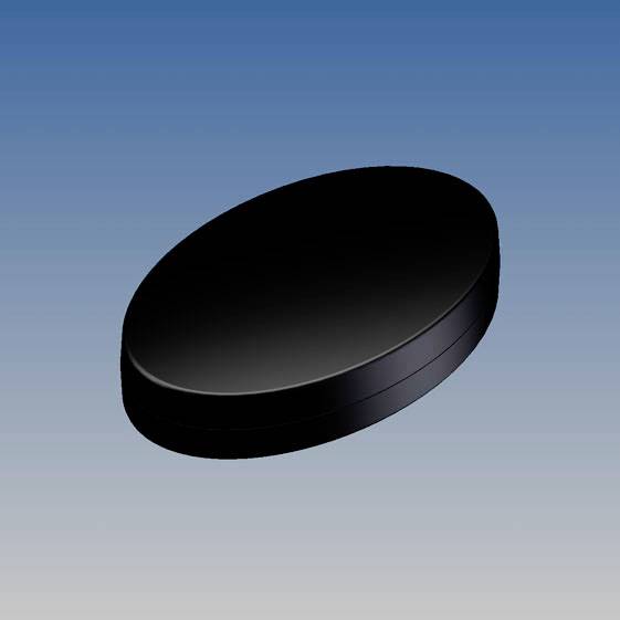 A black elliptical disc hovers in front of a blue and white background.