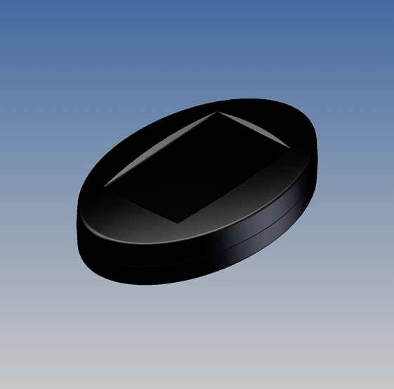A black, oval object on a blue background. The object has a rectangular recess on its top surface.