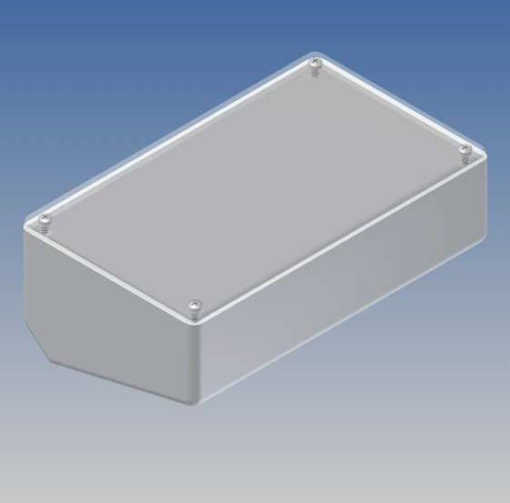 Rectangular grey enclosure with screws at the corners, set against a blue background.
