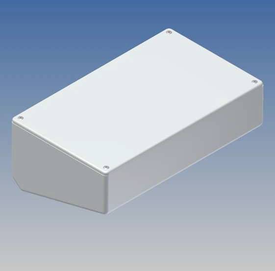 Rectangular, angled housing with a metallic look, suspended against a blue background.