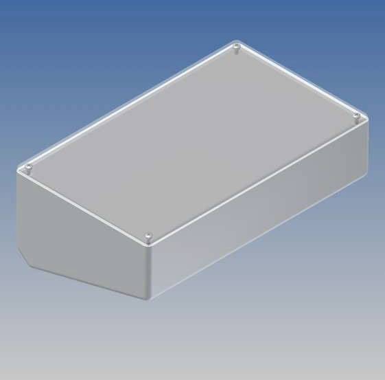 A grey, rectangular enclosure with rounded edges against a blue background.