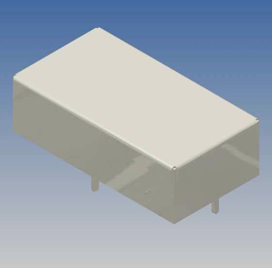 A rectangular, grey electronic component against a blue background. It has two protruding metal pins at its base.