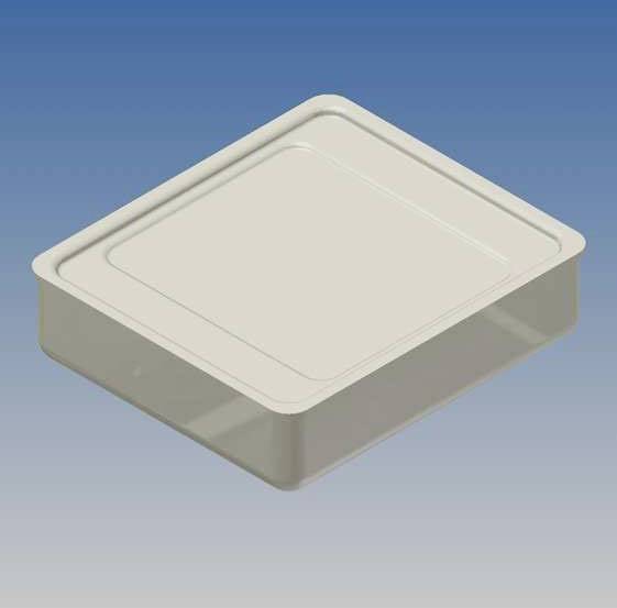 A rectangular plastic container with a lid, set against a blue background. The container is pale grey and transparent.
