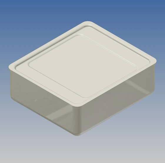 A square, transparent plastic container with a lid against a blue background.
