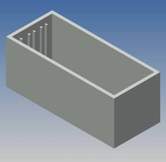 A rectangular, grey 3D model of an open box with a blue background, showing several vertical partitions on one side.