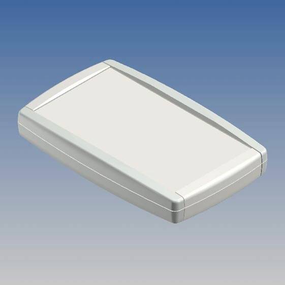 A rectangular, grey plastic enclosure on a blue background, suitable for the construction of portable electronic devices.