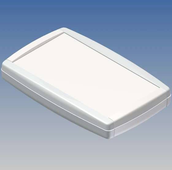 A white plastic enclosure with rounded edges, suitable for electronic devices. The background is blue.