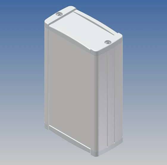 Enclosure case in vertical position with rounded corners, on a blue background.