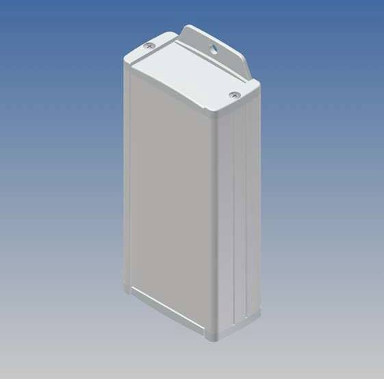 Silver, rectangular metal casing with rounded edges, suspended against a blue background.