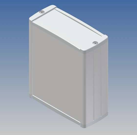 A grey, rectangular metal box with rounded corners against a blue background.