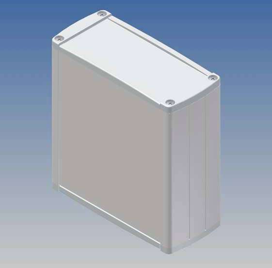 Grey, rectangular electronic enclosure with rounded edges against a blue background. Visual representation of a component.