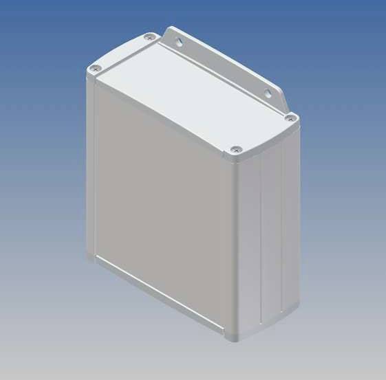 Metal enclosure with a rectangular shape, rounded corners, and visible screw holes, against a blue background.