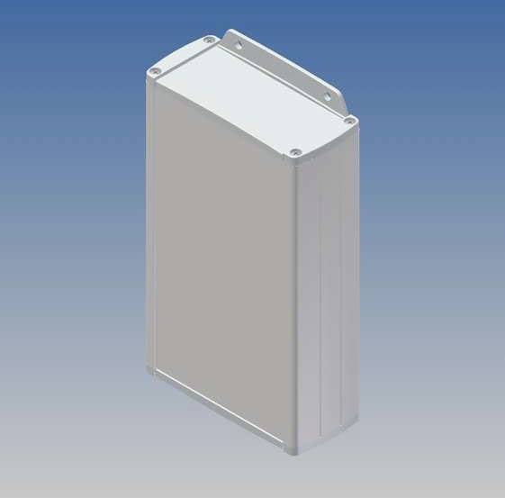 Rectangular, silver-coloured casing with rounded corners against a blue background. It is secured with screws at each corner.