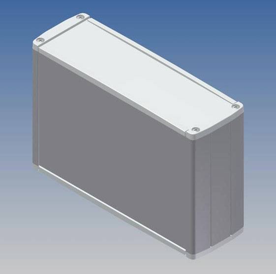 Grey, rectangular enclosure with rounded edges and screws at the corners, against a blue background.