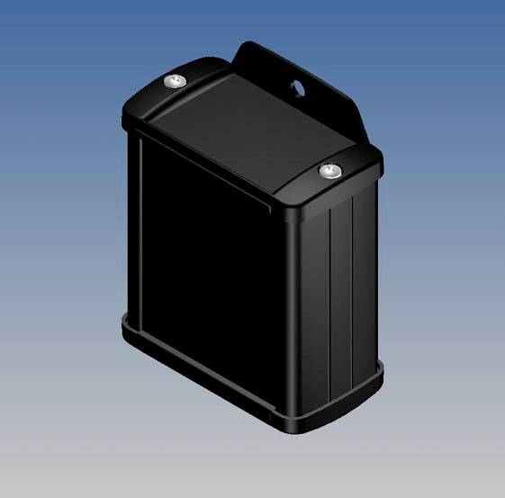 A black, rectangular enclosure with rounded edges and two silver screws on top, depicted against a blue background.