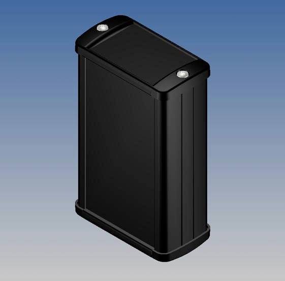 A black, rectangular bin with rounded corners on a blue and white background.