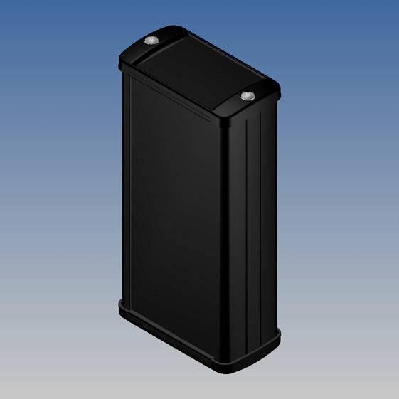Black, rectangular enclosure on a blue background, with bevelled edges and silver screws at the corners.