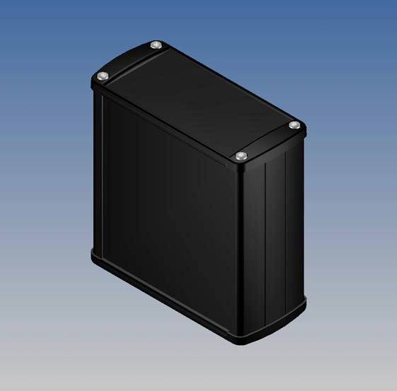 Black, rectangular casing against a blue background. The casing has rounded corners and silver screws along the edges.