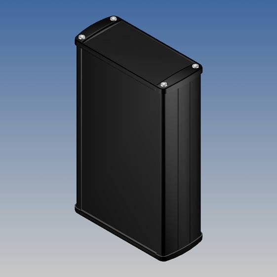 Black vertical enclosure with rounded corners and silver screws at the corners, against a blue-grey background.