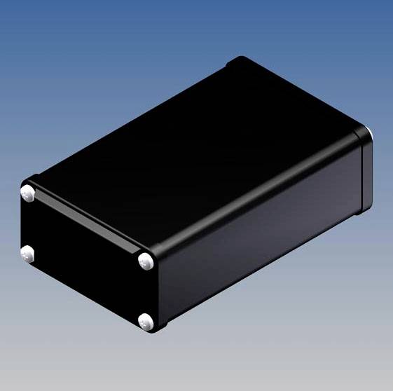 A black, rectangular electronic enclosure made of aluminium with rounded edges, against a blue-white gradient background.