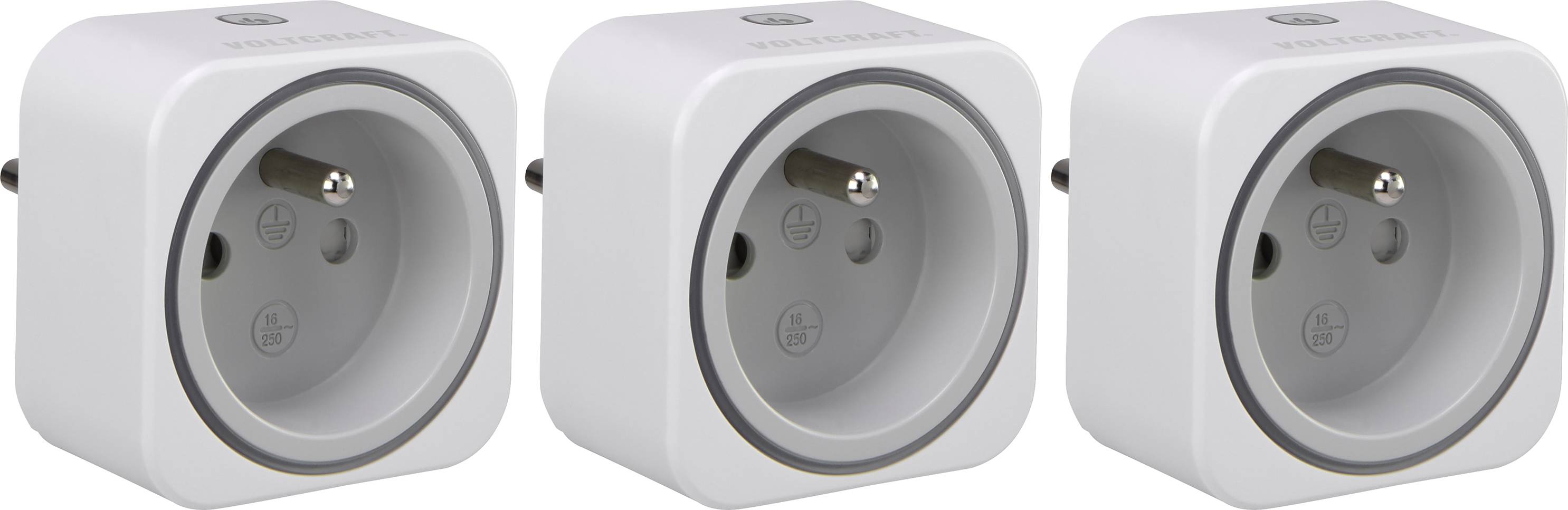 Three white EU socket adapters side by side, each with an earthing socket and two contact holes for Schuko plugs.
