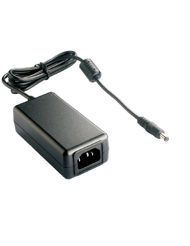 A black power supply with cable and plug, suitable for electronic devices, pictured against a neutral background.