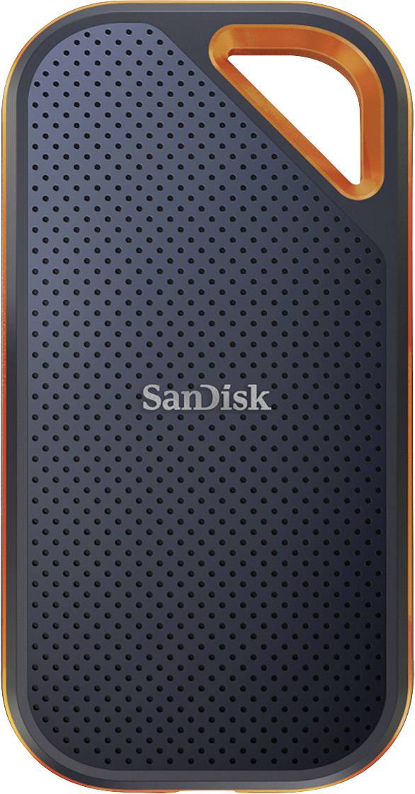 External SanDisk hard drive with a black, perforated casing and orange accents.